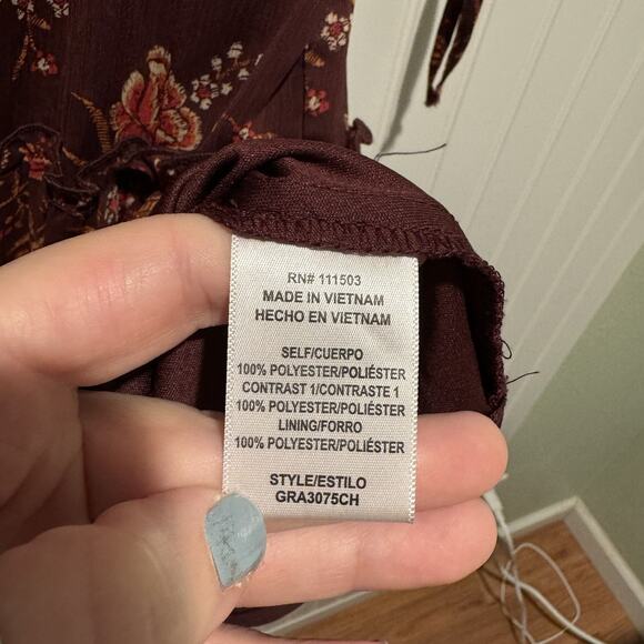 Fig Flower Maroon Floral Tiered Peasant Dress Midi Length Size XL - Picture 6 of 7